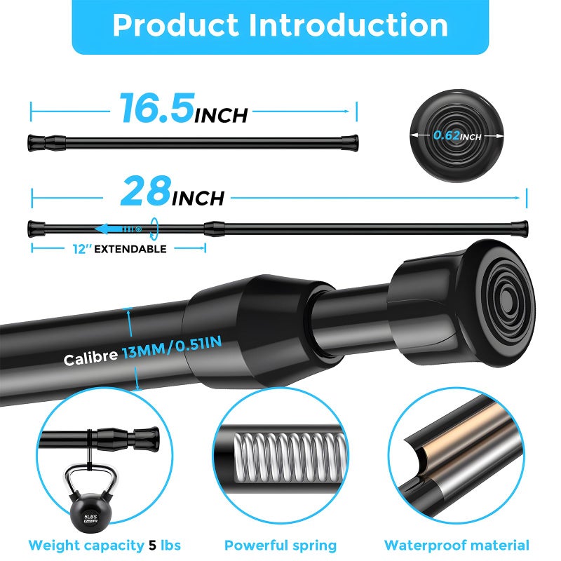 AIZESI 2PCS Tension Rods 17 to 28 inch, Black Tension Rods Adjustable Spring Tension Window Rods Short Tension Rod Expandable Pressure Rod for Shoe Rack Hanger Curtain Rod Closet Rods - Image 4